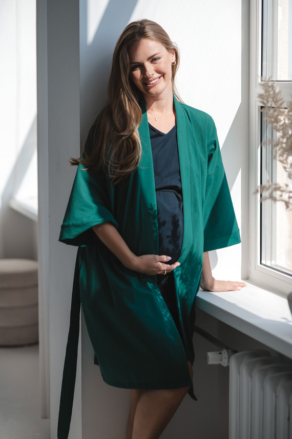 Umstandsbademantel Milk&Love, Flaschengrün – Baumwolle mit Elasthan, bequem, 7/8-Ärmel