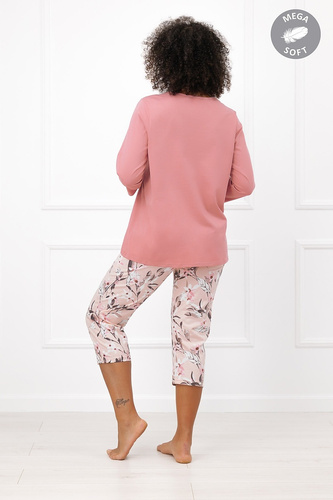 Italian Fashion Kafelia Damen-Pyjama Mega Soft 3/4 Blumen mit Tasche