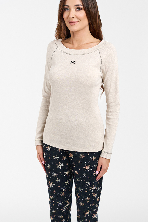 Denali Damen Schlafanzug langarm, lange Hose Italian Fashion- beige melange/print