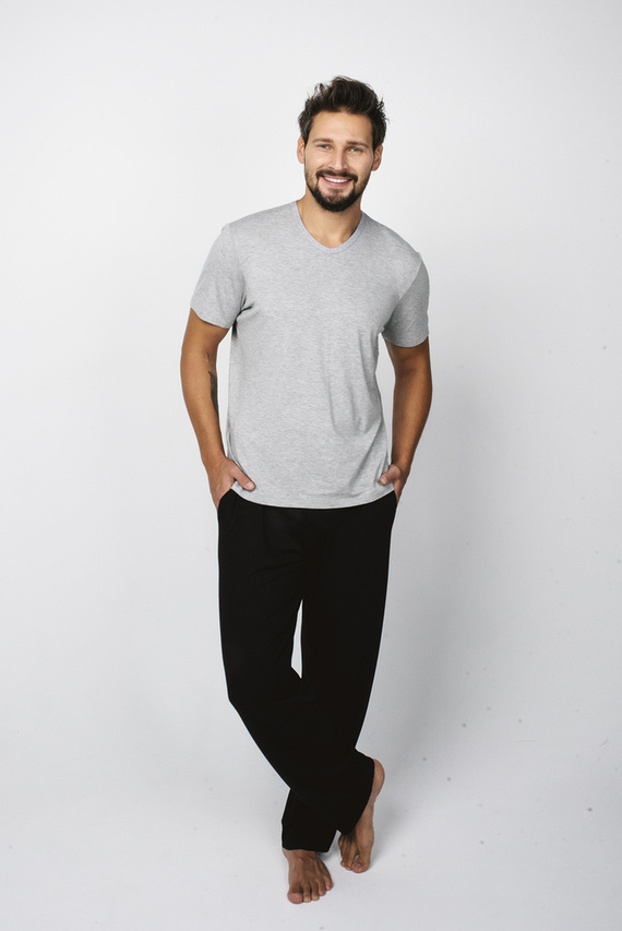 Dallas Herren Kurzarm-Pyjama, lange Hose Italian Fashion- melange/schwarz