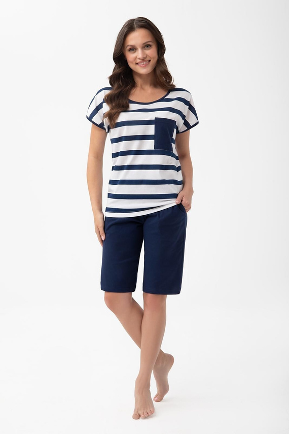 Damenpyjama Luna 1302 aus Baumwolle gestreift mit Kniehose bequem