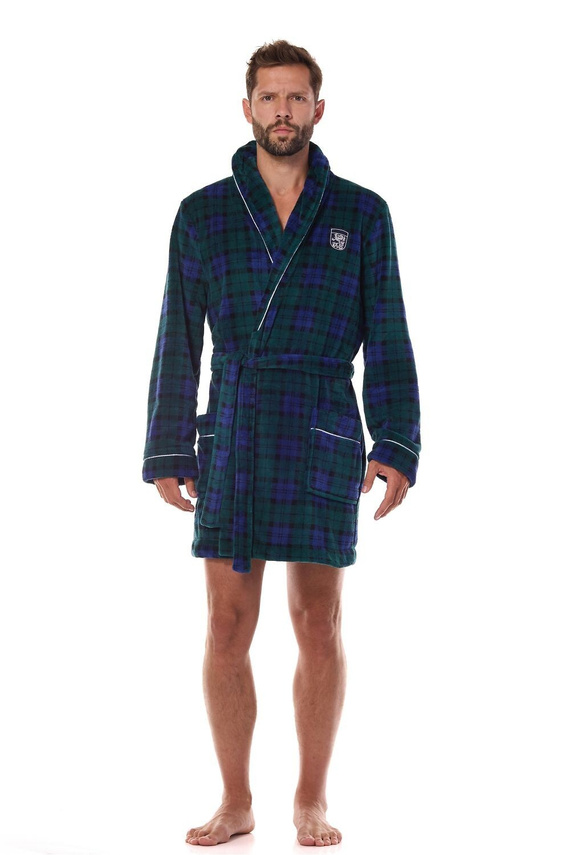 2456 BJ L&L Herrenbademantel, Marineblau – weich, kariert mit Kragen
