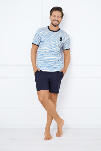 Flota Herren Kurzarm-Pyjama, Shorts Italian Fashion - blau/grüner Druck