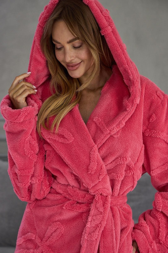 L&L Elodie 2632 Damen Kurzer Bademantel mit Kapuze, Weich und Warm, Himbeerfarben