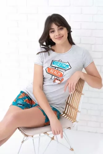 Oceania Damen Schlafanzug mit kurzen Ärmeln, Shorts Italian Fashion- melange/print