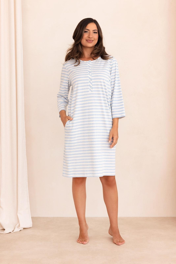 Damen Nachthemd Regina 2009 100% Baumwolle mit Knopfleiste 7/8-Arm blau
