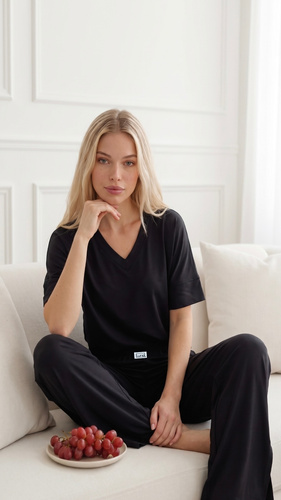 Luna 1313 Damen-Pyjama schwarz 100% Baumwolle T-Shirt und kurze Hose