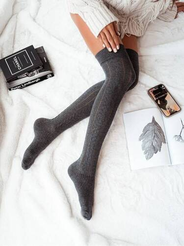 0347.001 Openwork Braid Damen Overknee-Socken Milena – dunkle Melange