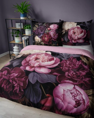 5129 A Holland Detexpol-Baumwollbettwäsche, schwarz mit Pfingstrosen in Burgunder- und Rosatönen – 100 % Baumwolle, doppelseitig, polnische Produktion