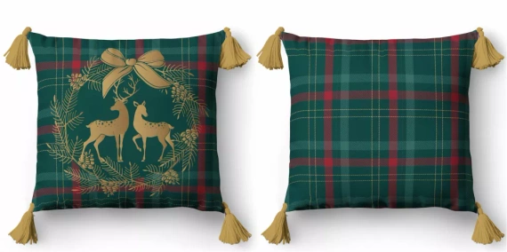 5380 A Dekorativer Weihnachtskissenbezug Weihnachtsdeko Detexpol Rentier im Kranz auf kariertem Hintergrund – Reißverschluss