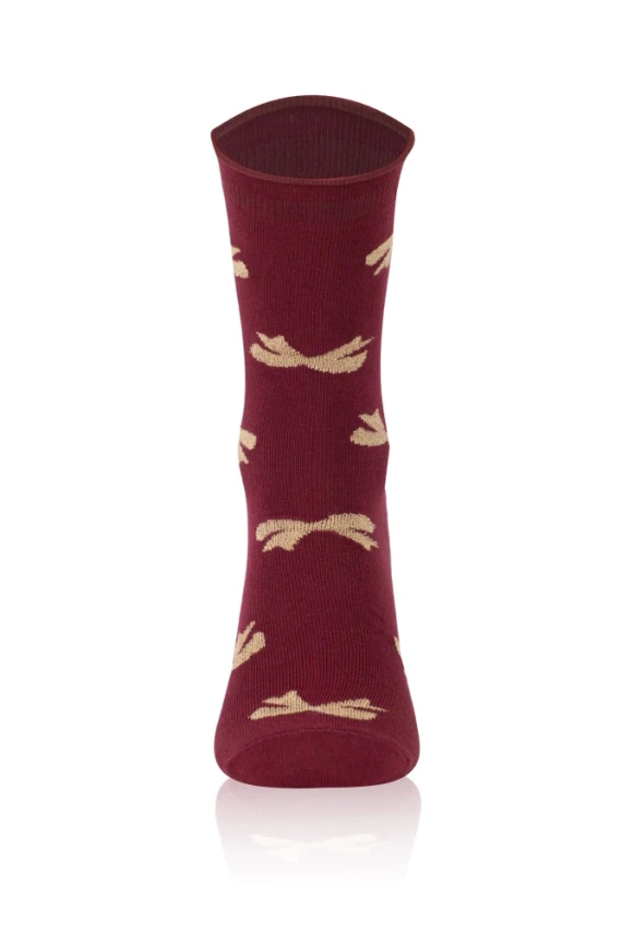 S183D Figaro Women's lange druckfreie Socken Italian Fashion - Schleifen burgunderrot 