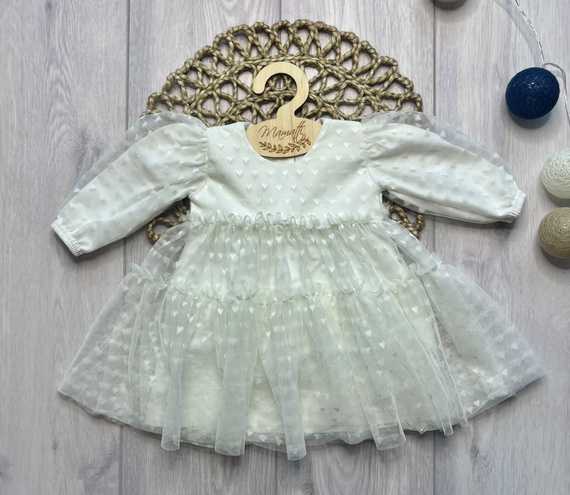 Mädchenkleid Mamatti SZ354 aus Baumwolle mit Tüll, langärmlig – ecru