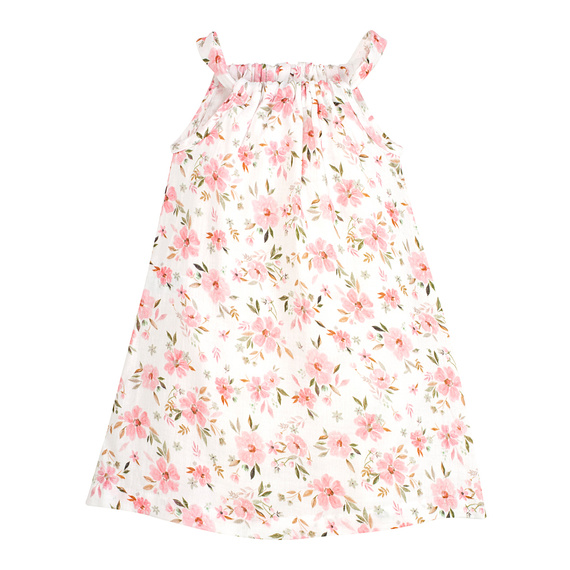 Blumenfarbenes, ecrufarbenes Pinocchio-Musselin-Trägerkleid mit Blumendruck