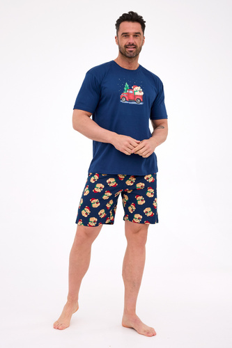 326/291 Teddy 4 Cornette Herrenpyjama – Weihnachten, Marineblau, Baumwolle, kurze Ärmel