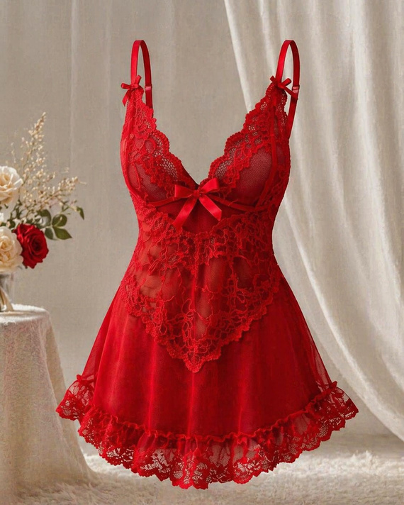 Nachthemd Nuit Red LivCo Tüll Spitze Damen elegant