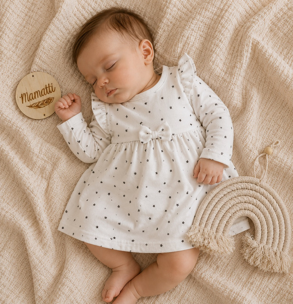 SB16202 Mamatti Baby-Stramplerkleid aus Baumwolle mit Sternen Weiß