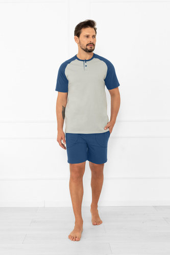 Herren Schlafanzug Alexander Italian Fashion - kurze Ärmel und kurze Hose, 100% Baumwolle - grau/jeans