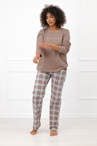 Damen-Pyjama Italian Fashion Delma 100% Baumwolle Lang Hose Kariert-Cappuccino