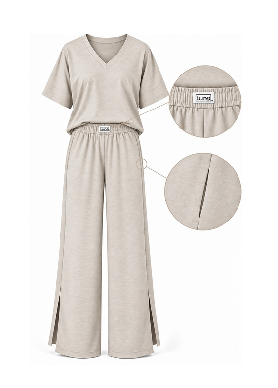 Luna 1314 beige Damen-Pyjama Oversize 100% Baumwolle mit weiten Hosen
