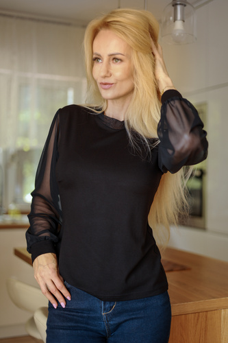Mirale Freya Damenbluse aus Viskose mit Tüllärmeln und Stehkragen, elegant – schwarz