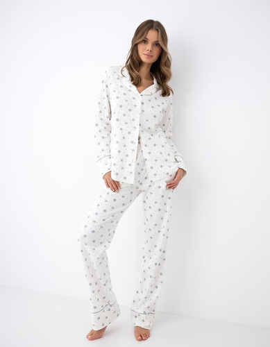 Damen-Pyjama Sensis Monroe zum Knöpfen 100% Baumwolle Interlock Schneeflocken