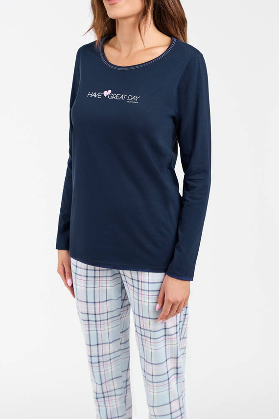 Glamour Damen Schlafanzug langarm und lange Hose Italian Fashion - marineblau/print