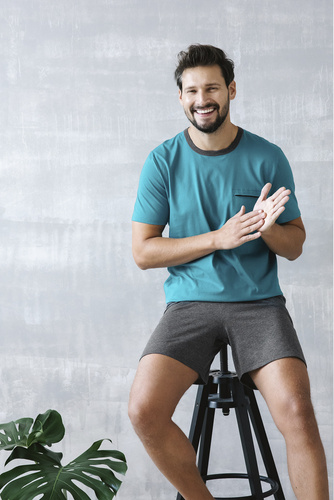 Stefano Herren Kurzarm-Pyjama, Shorts Italian Fashion - marine/dunkel melange