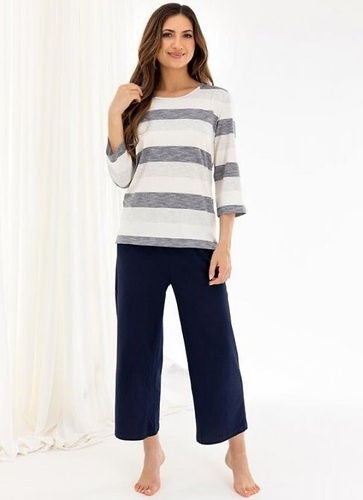 719 Regina Damenpyjama, Marineblau – Viskose und Baumwolle, 3/4-Ärmel, 3/4-Hose