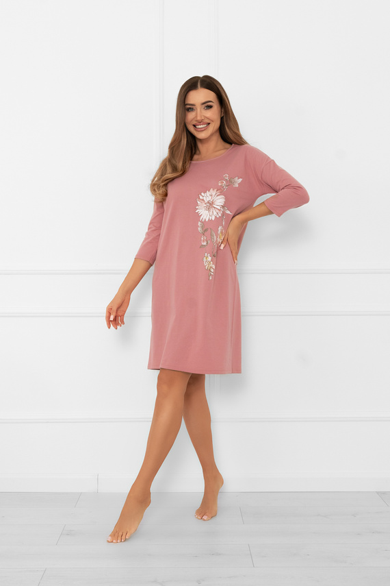 Damen Nachthemd Akita - Baumwolle, 3/4 Ärmel, Blumenapplikation Italian Fashion