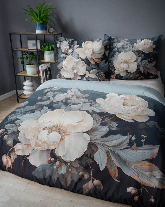 5131 A Holland Detexpol-Baumwollbettwäsche mit beigen und cremefarbenen Pfingstrosen – 100 % Baumwolle, doppelseitig, polnische Produktion