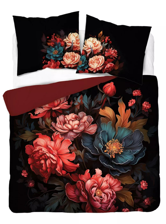 5116 A Holland Detexpol-Baumwollbettwäsche, schwarz, mit Pfingstrosenmotiv – 100 % Baumwolle, doppelseitig, polnische Produktion