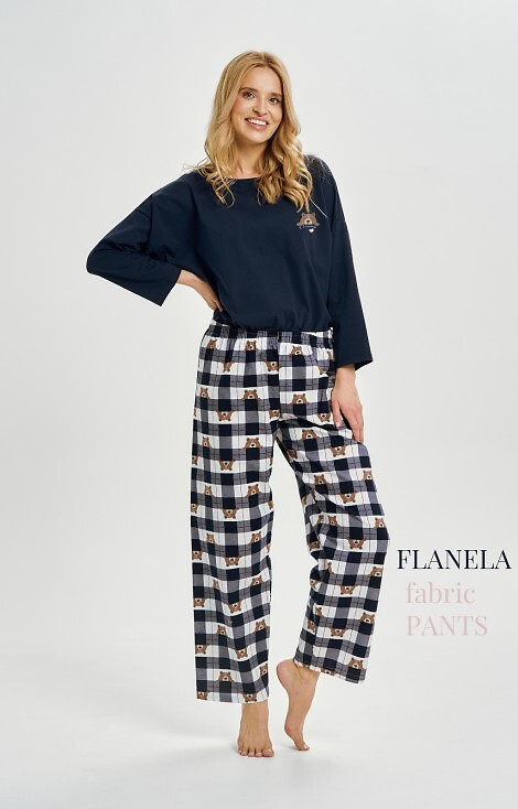 3441 Astrid Damen-Baumwollpyjama Taro Marineblau – lange Ärmel, karierte Flanellhose