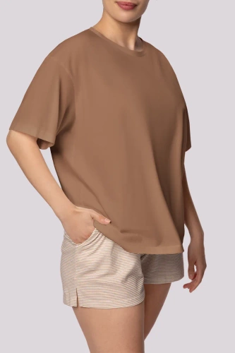 Gestreifter Kurzarm-Damenpyjama Mona Karamell