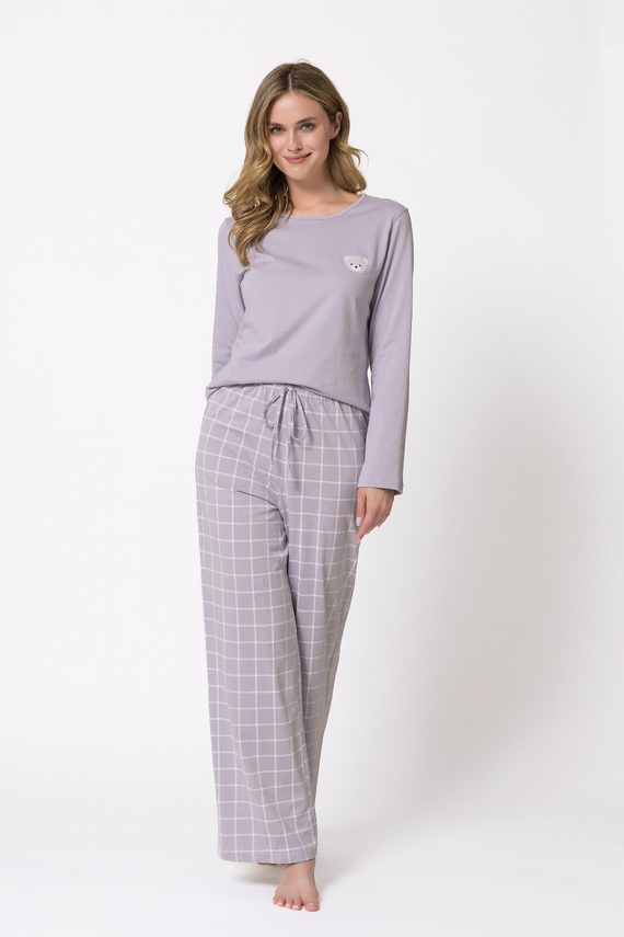 Damen-Pyjama Leveza 1781 Laura Flieder 100% Baumwolle Bär Karo