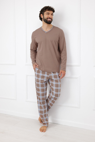 Italian Fashion Dante Herren Baumwoll-Pyjama Lang Kariert Hose - Cappuccino