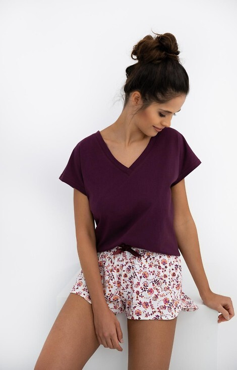 Marisol Sensis Damenpyjama – burgunderfarbenes T-Shirt, geblümte Shorts, 100 % Baumwolle