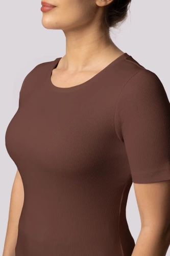 Geripptes Mona-Damen-T-Shirt mit Streifen, Schokolade