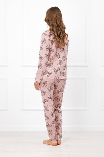 Italian Fashion Izabell Damen Baumwoll-Pyjama lang mit Knöpfen und Schleifen