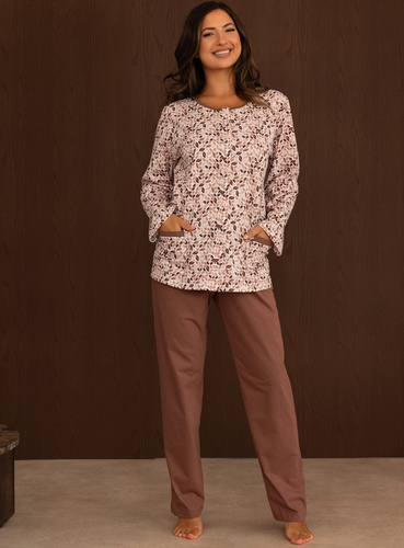 Damen-Pyjama Regina 4022, 100% Baumwolle, braun, lang, zum Knöpfen, mit Taschen