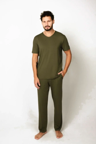 Dallas Herren Kurzarm-Pyjama, lange Hose Italian Fashion- khaki