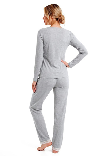 Donna Megi Long graue Damen-Pyjama mit langem Arm und Hose, Spitze