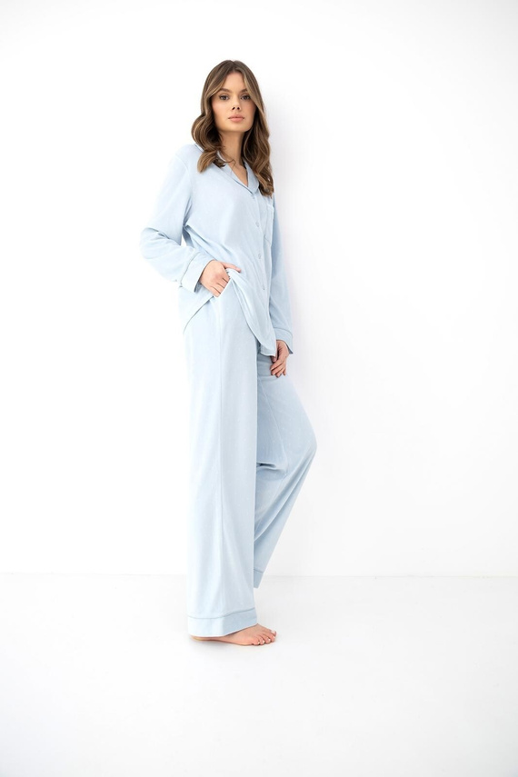 Sensis Isolde Damenpyjama blau mit Punkten, aus Velours, mit Knöpfen