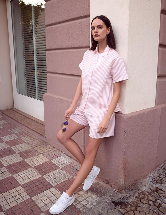 Pyjama Selene Sensis weiß-rosa Leinen Baumwolle Streifen