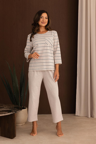 Damen-Pyjama Regina 4025 100% Baumwolle Streifen Ärmel und 7/8-Hose - Beige