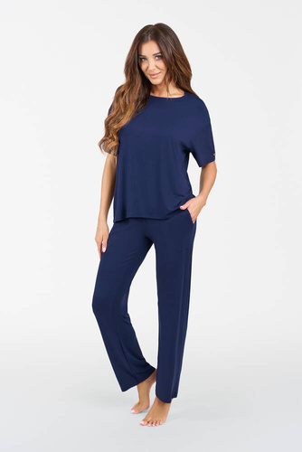 Akord Damen Kurzarmset, lange Hose Italienische Mode - navy blau 