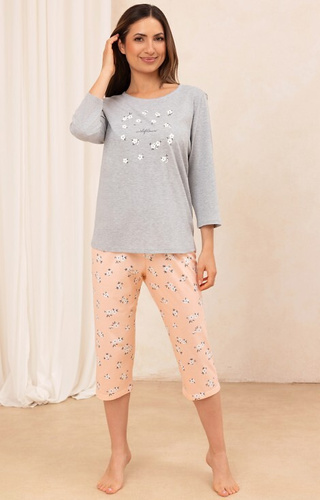 707 Regina Pyjama, leichte Melange-Baumwolle – Damen, 3/4-Ärmel, Blumenmuster