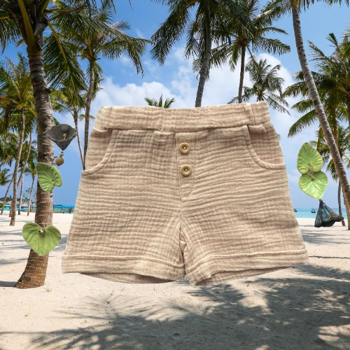 SZ55315 Mamatti beige Musselin-Shorts mit Taschen und Knöpfen für den Sommer