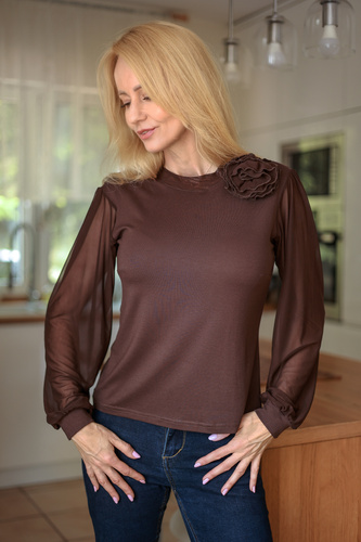 Mirale Freya Damenbluse aus Viskose mit Tüllärmeln und Stehkragen, elegant – braun