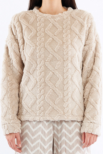 Sofie Damen-Pyjama Sorbetto Beige – warmer Sherpa, Palazzo, elegant und weich