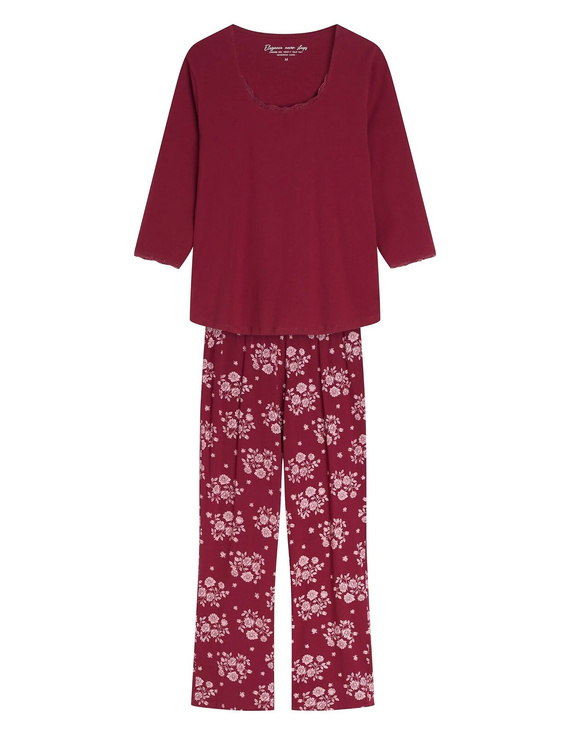 Henderson Greta 45423 Damen-Pyjama 100% Baumwolle 3/4-Arm Spitze carmine